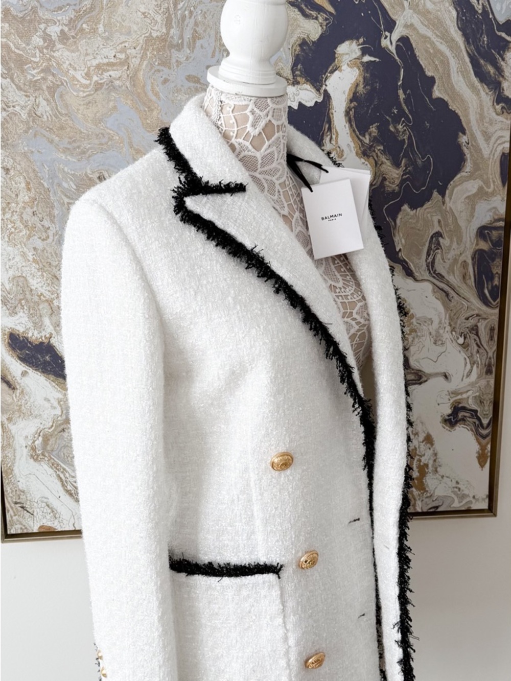 New! Balmain Tweed Metallic Double-Breasted Two-Tone Blazer Coat - Picture 13 of 15